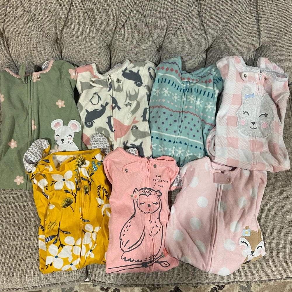 Baby Girl Pajama Onesies - 5 fleece, 2 cotton - size 12 months
